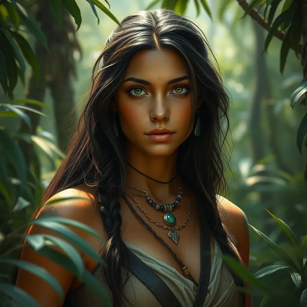 Pocahontas in the jungle, Ultra Detailed, Half Body, Beautiful, Matte Painting, Sharp Focus, Portrait, Fantasy by Stefan Kostic