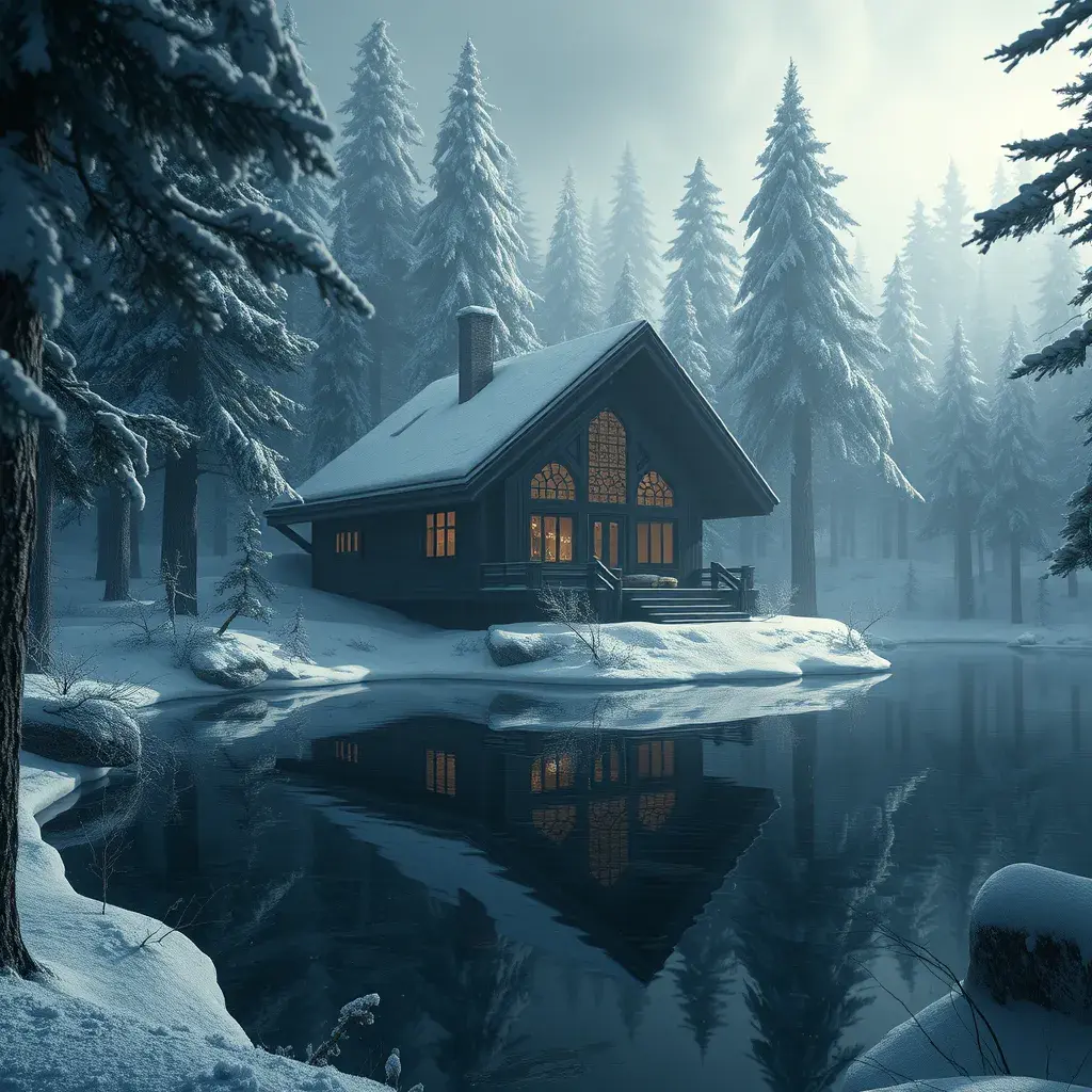 Futuristic cabin in the woods surrounded by a lake in winter, Atmospheric, Highly Detailed, Intricate, Trending on Artstation, Stunning, Realistic, Unreal Engine, Dynamic Lighting, Radiant, Fantasy by Greg Rutkowski