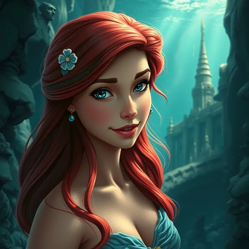 Matte portrait of Disney's Ariel in the under water city of Atlantis, Ultra Detailed, Half Body, Beautiful, Matte Painting, Sharp Focus, Portrait, Fantasy