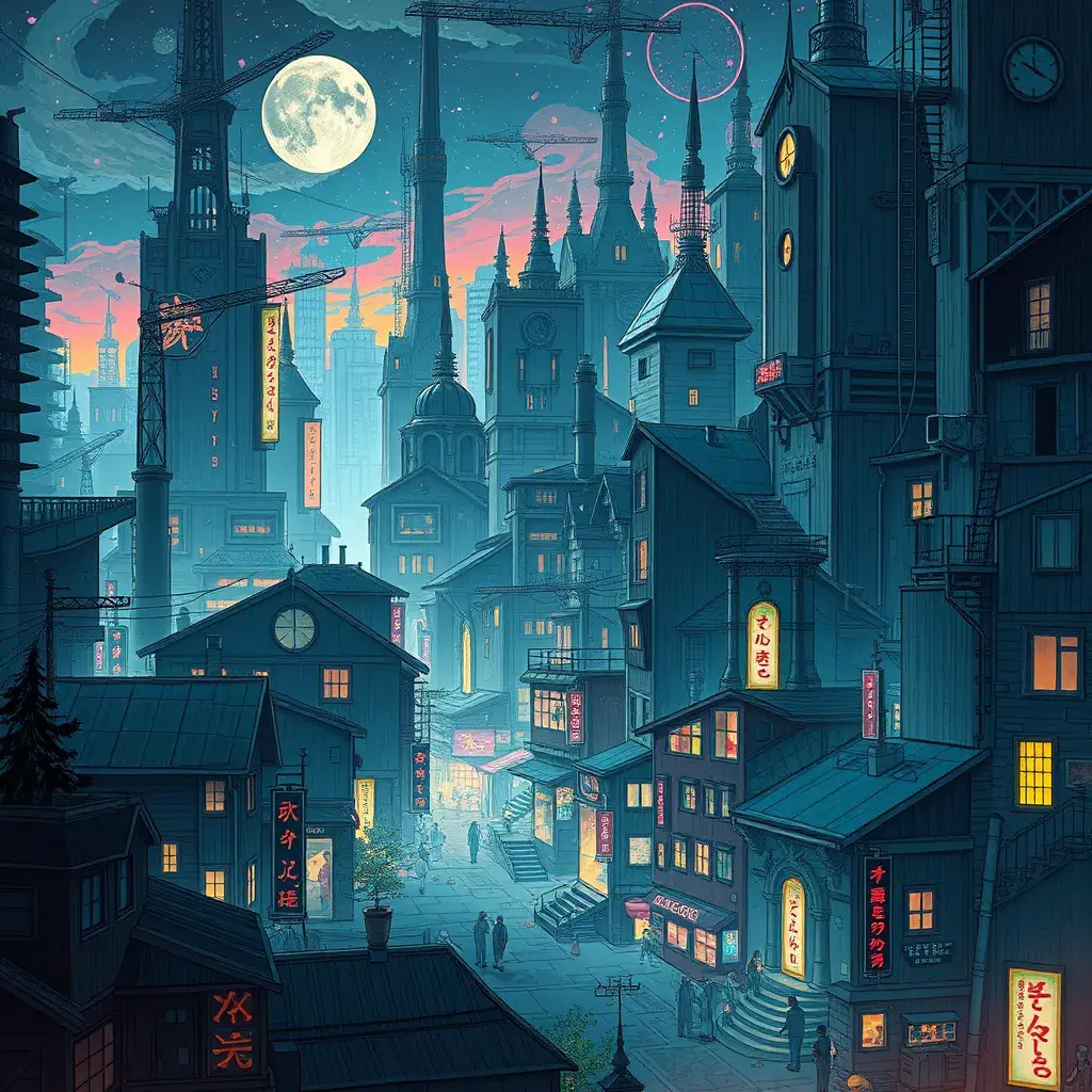 A fantasy cyberpunk city, Highly Detailed, Intricate Artwork, Comic, Photo Realistic by Alena Aenami, Studio Ghibli