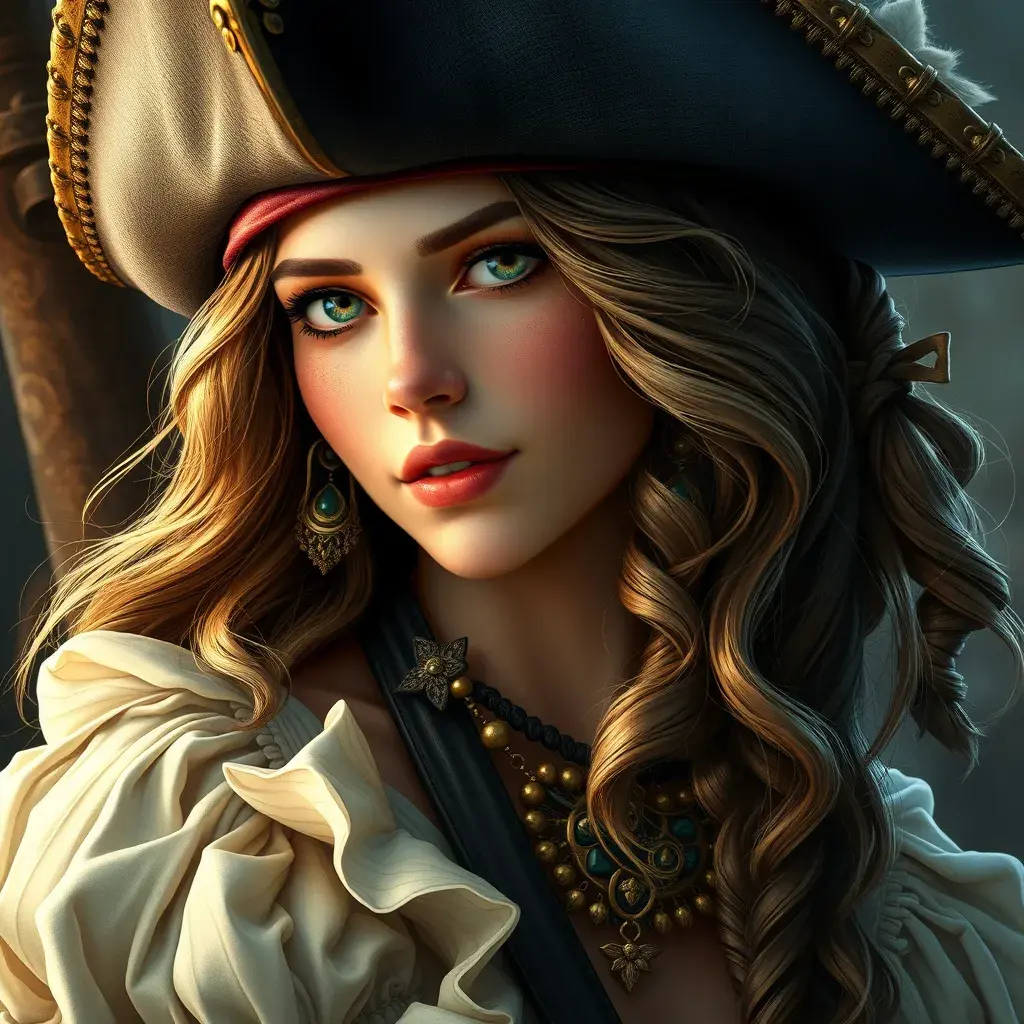 Portrait of a beautiful female Pirate, Highly Detailed, Intricate, Half Body, Realistic, Sharp Focus, Volumetric Lighting, Fantasy, Elegant by Alphonse Mucha