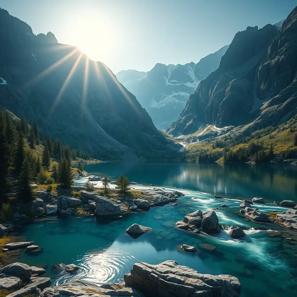 Lake in mountains streams and rivers flow down slopes of mountains and rocks into the valley spring in mountains, 8k, Award-Winning, Highly Detailed, Beautiful, Octane Render, Unreal Engine, Radiant, Volumetric Lighting by Greg Rutkowski