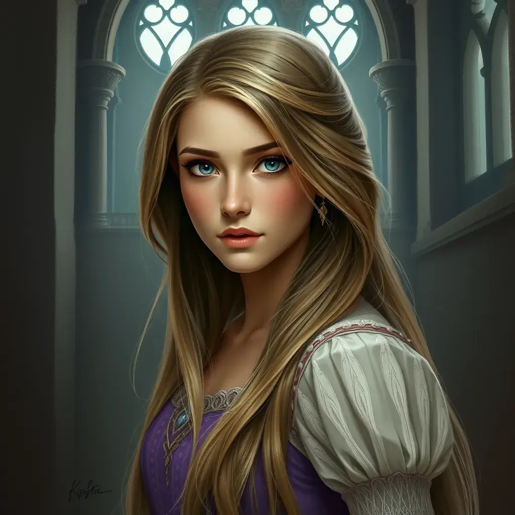 Matte portrait of Rapunzel inside a castle, Ultra Detailed, Half Body, Beautiful, Matte Painting, Sharp Focus, Portrait, Fantasy by Stefan Kostic