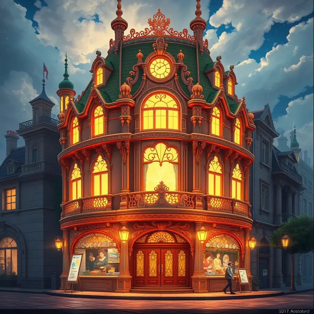 art nuveau exterior fantasy colorful building office space futuristic rococco baroques victorian, Highly Detailed, Masterpiece, Vintage Illustration, Cinematic Lighting, Photo Realistic, Digital Art by Studio Ghibli