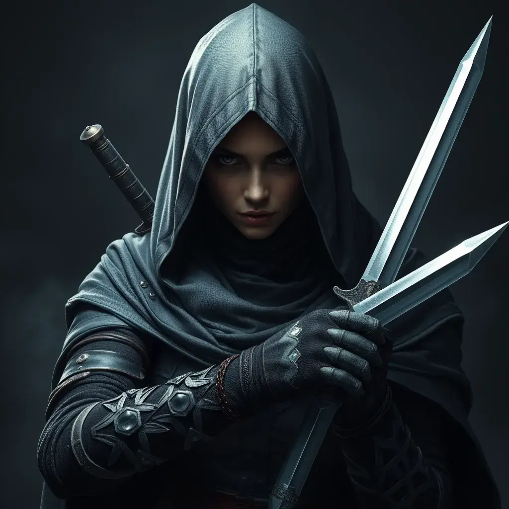 Full body portrait of a Veiled female Assassin with daggers, Highly Detailed, Dark Souls, Volumetric Lighting, Fantasy, Threatening