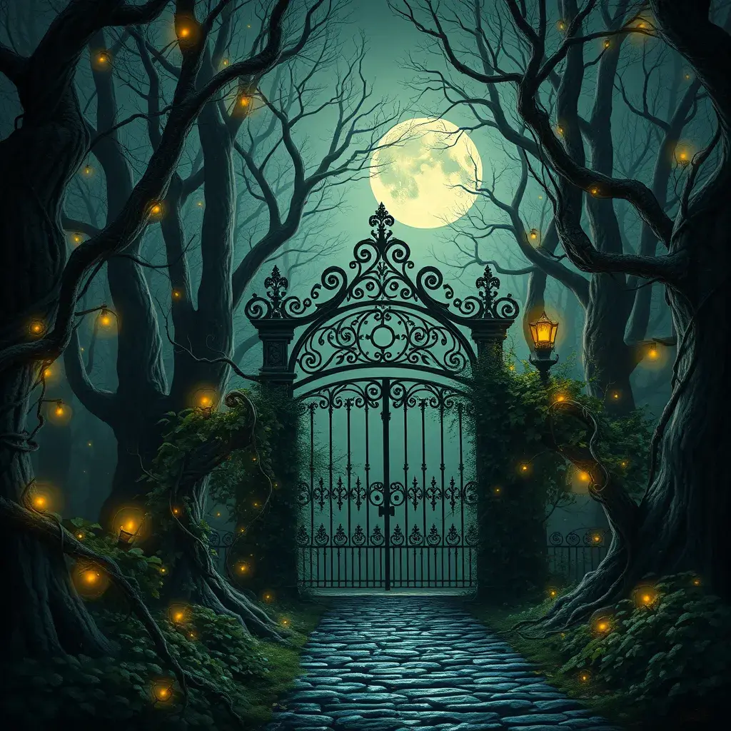 A beautiful digital illustration painting of a detailed gothic fantasy fireflies forest trees and iron gate cobblestone pathway vines full moon, 8k, Artstation, Digital Illustration, Concept Art by Justin Gerard, James Gurney