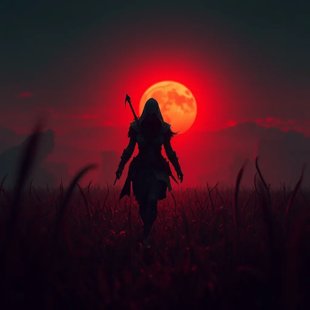 Female assassin creed emerging from a batte field. Sky is colored by a red sun set., Dystopian, Trending on Artstation, Volumetric Lighting
