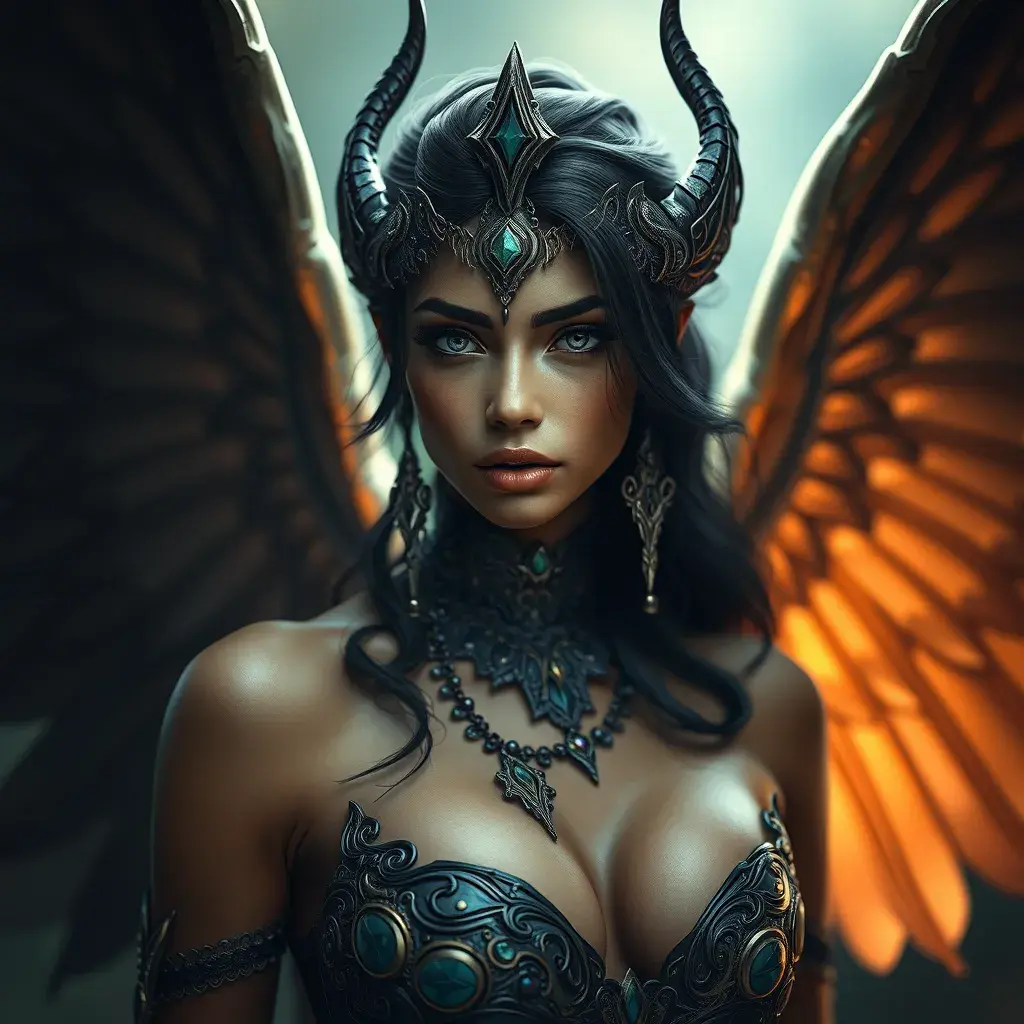 Alluring matte portrait of a beautiful Nidalee with wings, Highly Detailed, Intricate, Half Body, Realistic, Sharp Focus, Volumetric Lighting, Fantasy, Elegant by Stefan Kostic