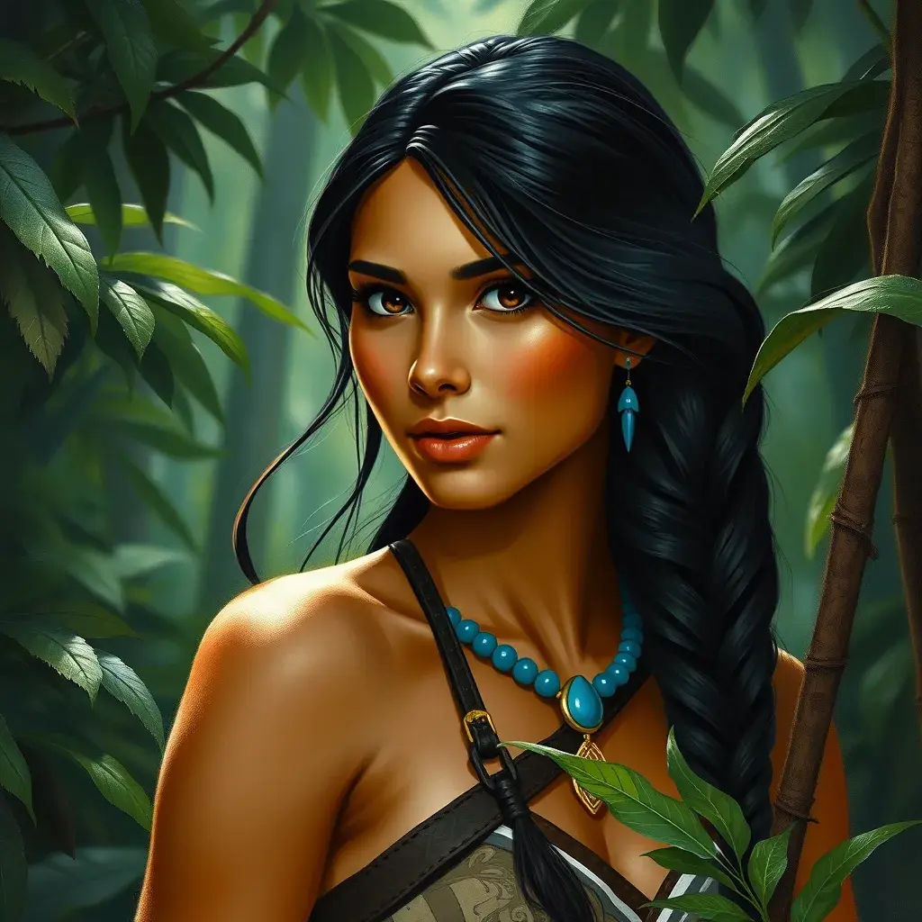 Matte portrait of Disney's Pocohontas in a jungle, Ultra Detailed, Half Body, Beautiful, Matte Painting, Sharp Focus, Portrait, Fantasy by Stanley Artgerm Lau