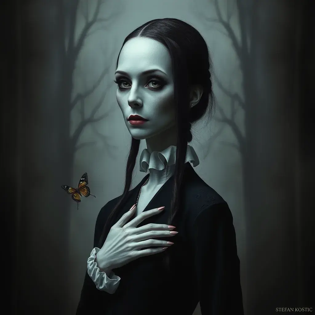 American Gothic Morticia Addams, Gothic and Fantasy, Half Body, Portrait, Threatening by Stefan Kostic