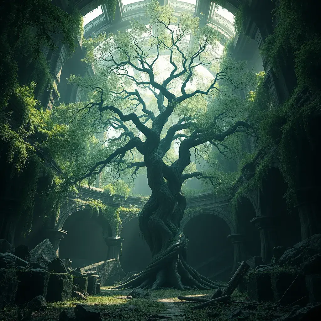 A Tree Of Life growing in the middle of overgrown ancient ruins indoors., 4k resolution, Hyper Detailed, Trending on Artstation, Volumetric Lighting, Concept Art, Digital Art, Fantasy, Dark by Greg Rutkowski