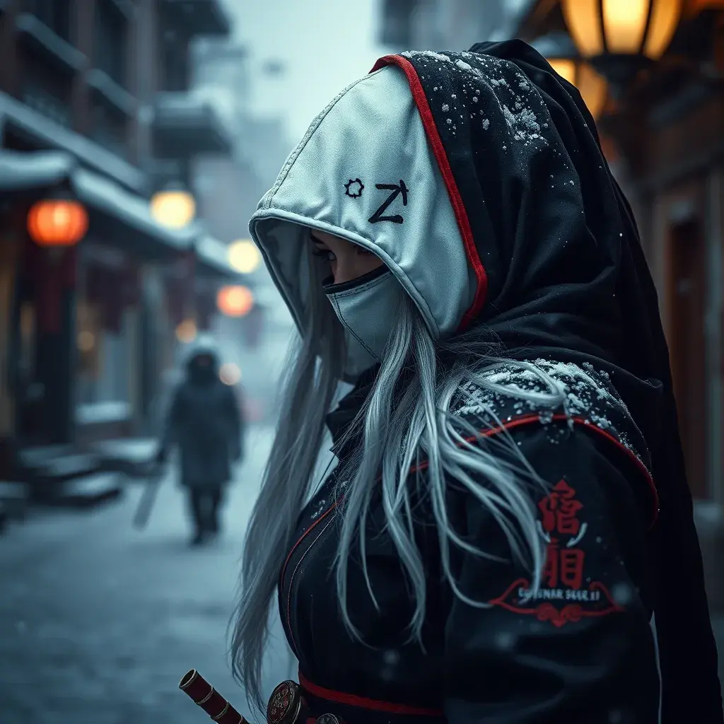 Mysterious beautiful white kunoichi ninja wearing black, red and gold in the streets of a dark snowy town in russia, Intricate Details, Bokeh effect, Photo Realistic, Volumetric Lighting by Stefan Kostic