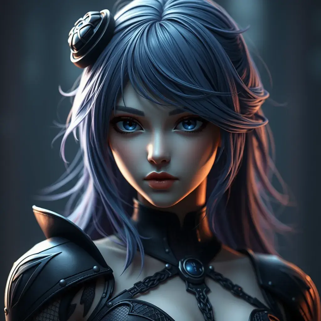 Matte portrait of the beautiful 2B from Nier Automata in dark blue, Highly Detailed, Intricate, Realistic, Sharp Focus, Volumetric Lighting, Fantasy, Elegant