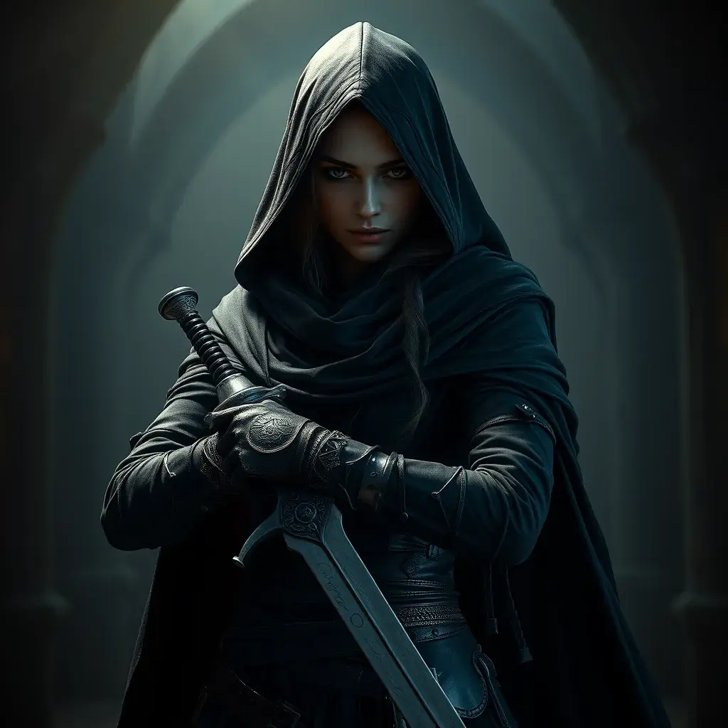 Full body matte portrait of a beautiful veiled armed female Assassin in a dungeon, Gothic and Fantasy, Volumetric Lighting, Fantasy, Threatening by Stefan Kostic