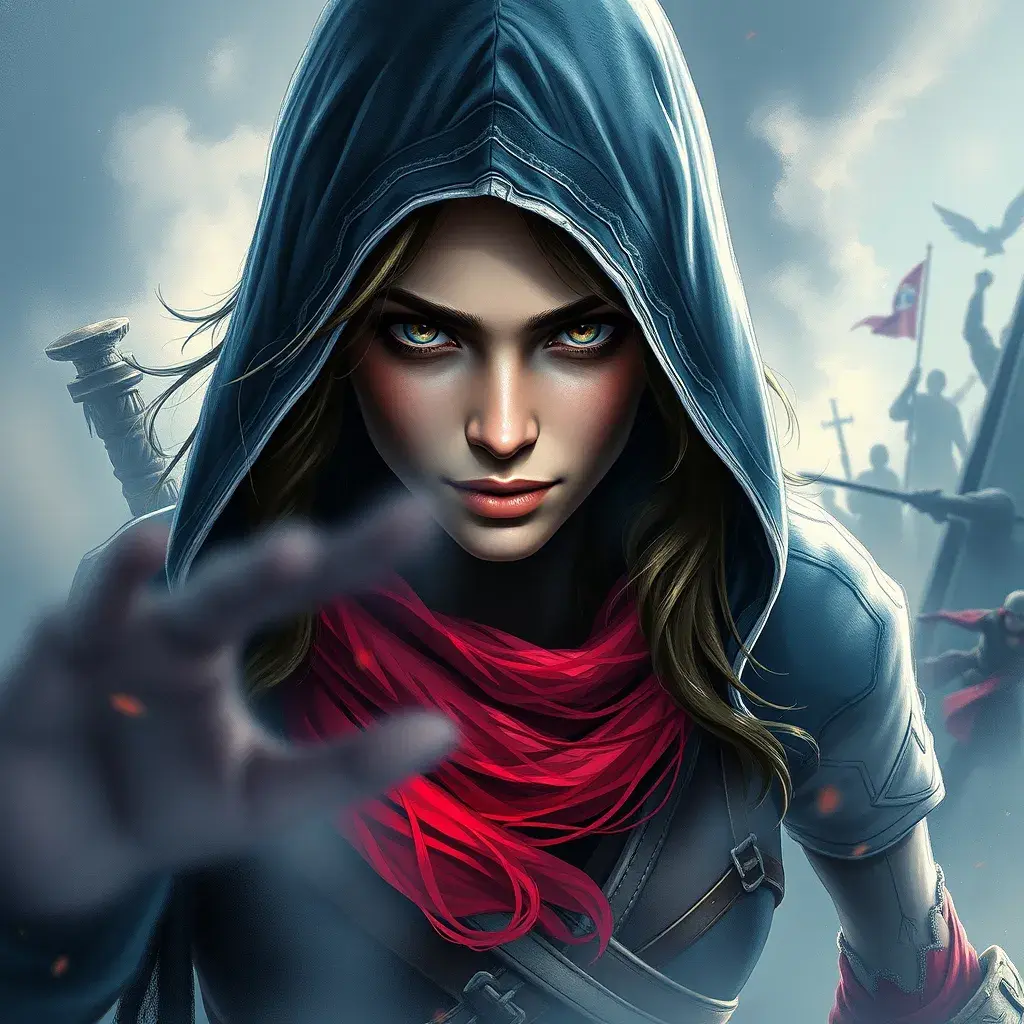 Kassandra from Assassin's Creed emerging from the fog of war, Highly Detailed, Vibrant Colors, Ink Art, Fantasy, Dark by Stanley Artgerm Lau
