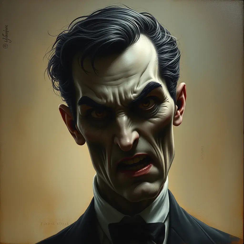 Gomez Addams, Intricate Artwork, Intricate Details, Half Body, Beautiful, Matte Painting, Sharp Focus, Portrait, Fantasy, Threatening by Stefan Kostic