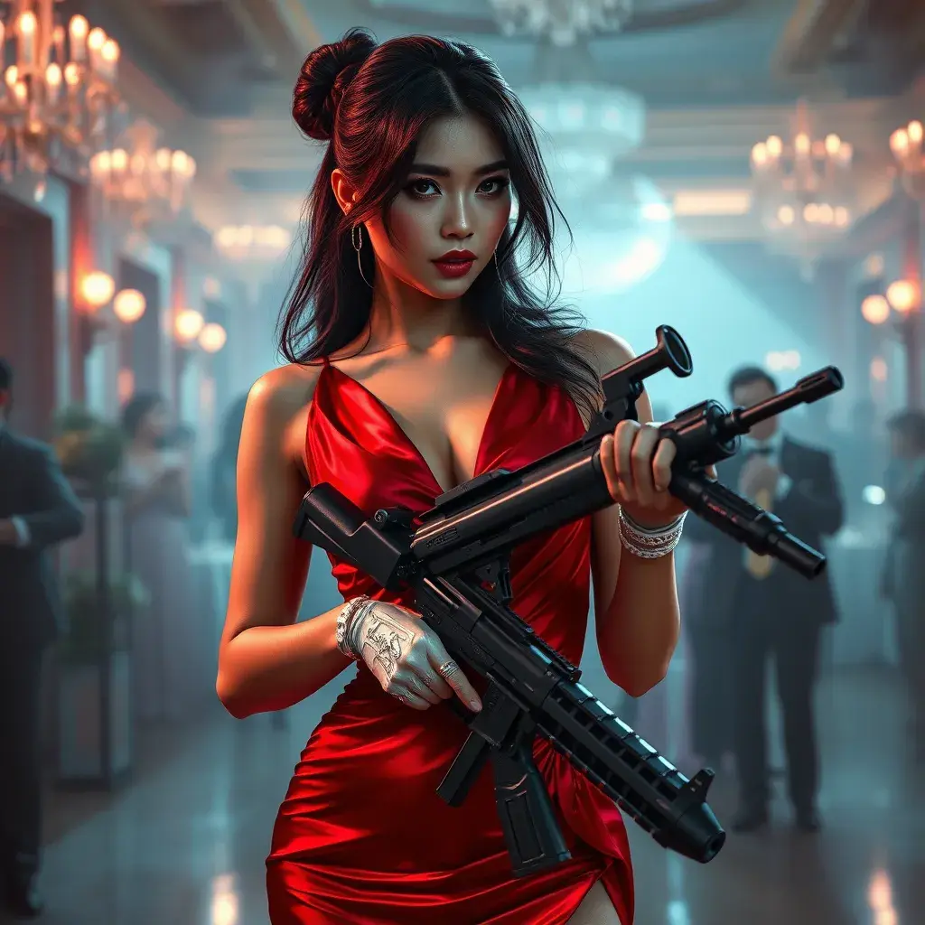 A dangerously armed asian feme fatale in silk red dress at a masquerade ball, Cybernatic and Sci-Fi, Cyberpunk, Sci-Fi by Stanley Artgerm Lau