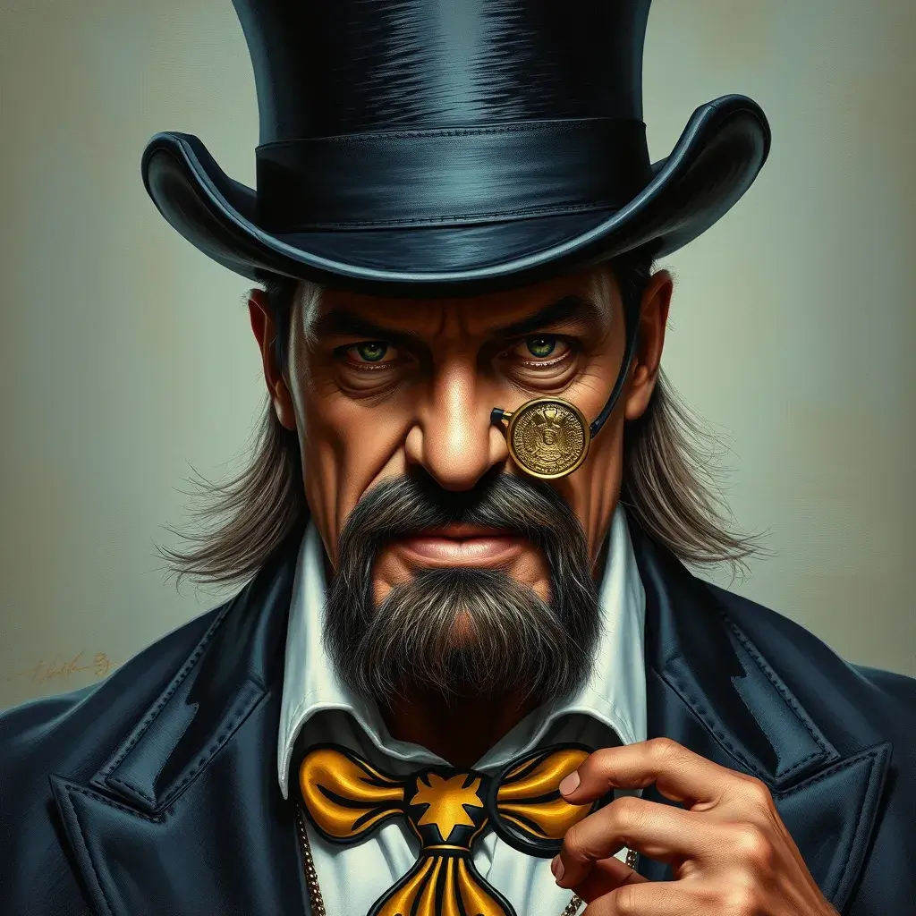 Hulk Hogan wearing a top hat and a monocle, Intricate Artwork, Intricate Details, Half Body, Beautiful, Matte Painting, Sharp Focus, Portrait, Fantasy, Threatening by Stefan Kostic