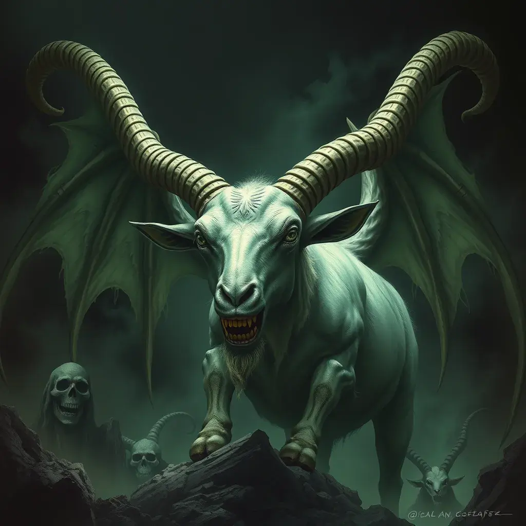 Cthulhu goat, Eldritch, Fantasy, Apocalyptic, Doom, Dreadful, Forbidding, Frightful, Harrowing, Ominous, Shocking, Terrifying, Threatening, Unnerving