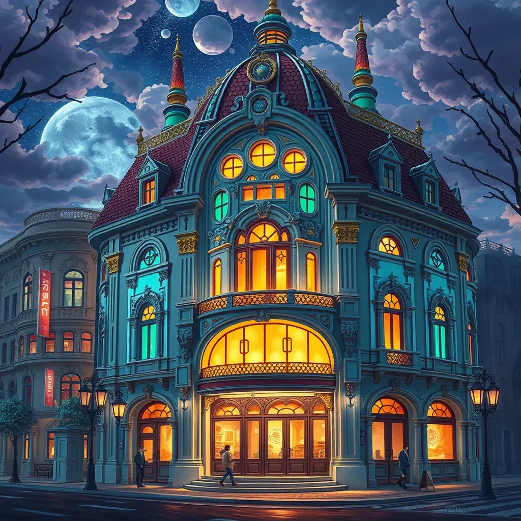 art nuveau exterior fantasy colorful building office space futuristic rococco baroques victorian, Highly Detailed, Masterpiece, Vintage Illustration, Cinematic Lighting, Photo Realistic, Sharp Focus, Smooth, Digital Art, Vector Art, Soft by Stanley Artgerm Lau