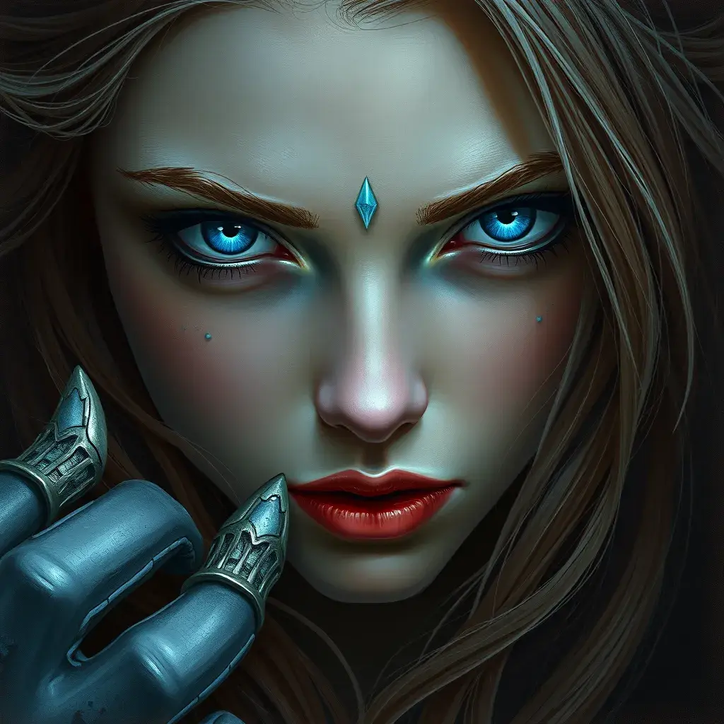 Ariel, blue eyes, Intricate Artwork, Intricate Details, Half Body, Beautiful, Matte Painting, Sharp Focus, Portrait, Fantasy, Threatening by Stefan Kostic