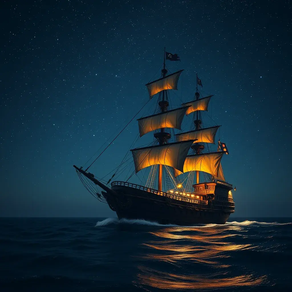 Pirate Ship in high seas on a dark starry night, Intricate, Ultra Detailed, Symmetry, Beautiful, Sharp Focus, Astrophotography, Centered, Volumetric Lighting