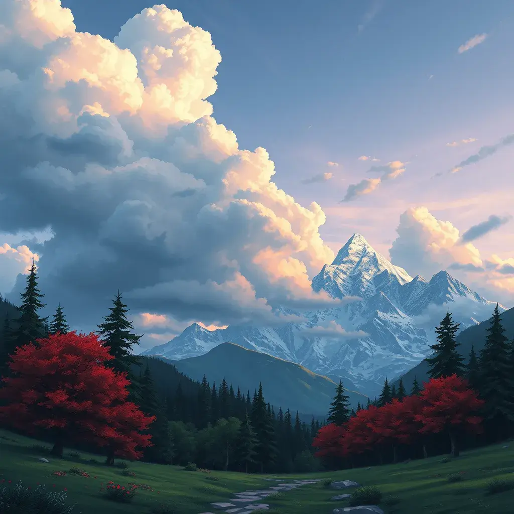 painting of evening sky, low thunder clouds foothpath with trees at indian summer with zugspitze fitz roy in background, colours green, red, blue black and white, acuarela, Highly Detailed, Beautiful, Digital Painting, Anime, Fantasy by Studio Ghibli