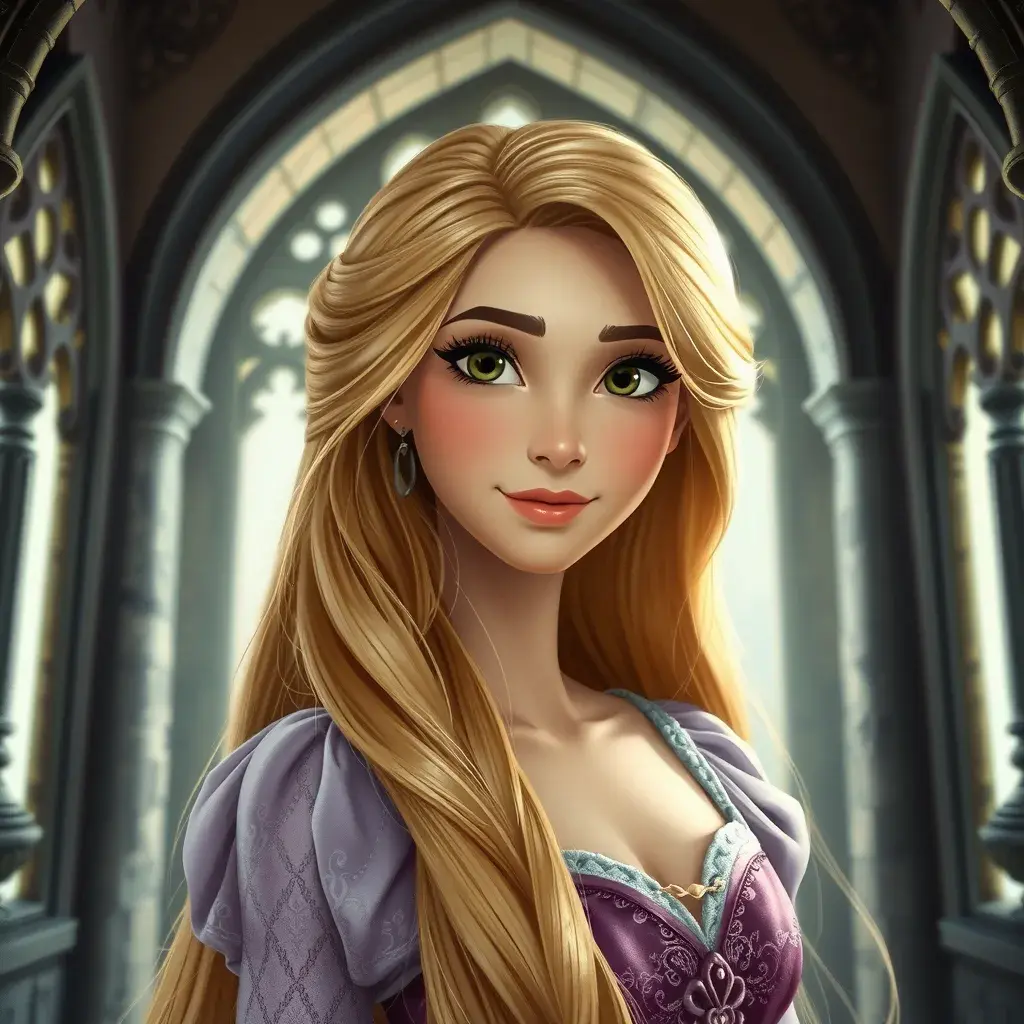 Matte portrait of Disney's Rapunzel inside a castle, Ultra Detailed, Half Body, Beautiful, Matte Painting, Sharp Focus, Portrait, Fantasy