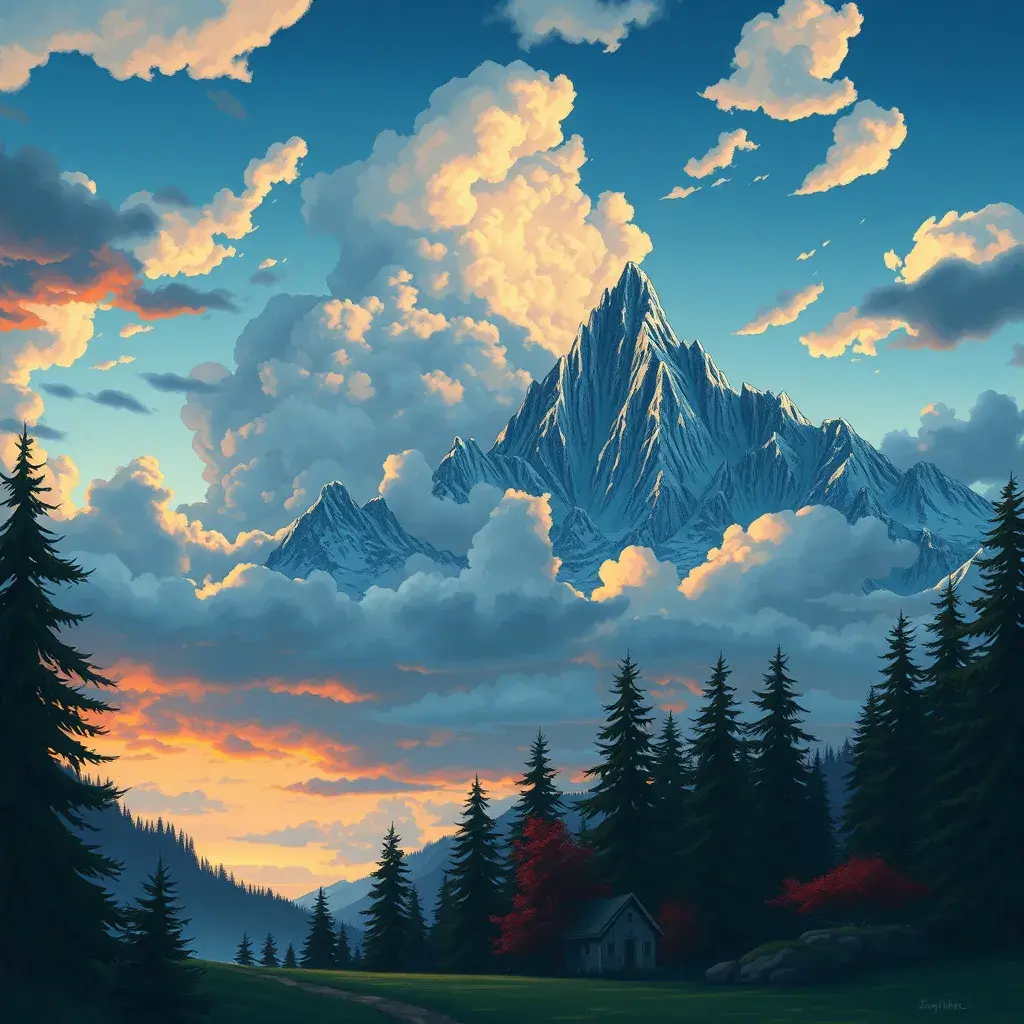 painting of evening sky, low thunder clouds foothpath with trees at indian summer with zugspitze fitz roy in background, colours green, red, blue black and white, acuarela, Highly Detailed, Beautiful, Digital Painting, Anime, Fantasy by Studio Ghibli