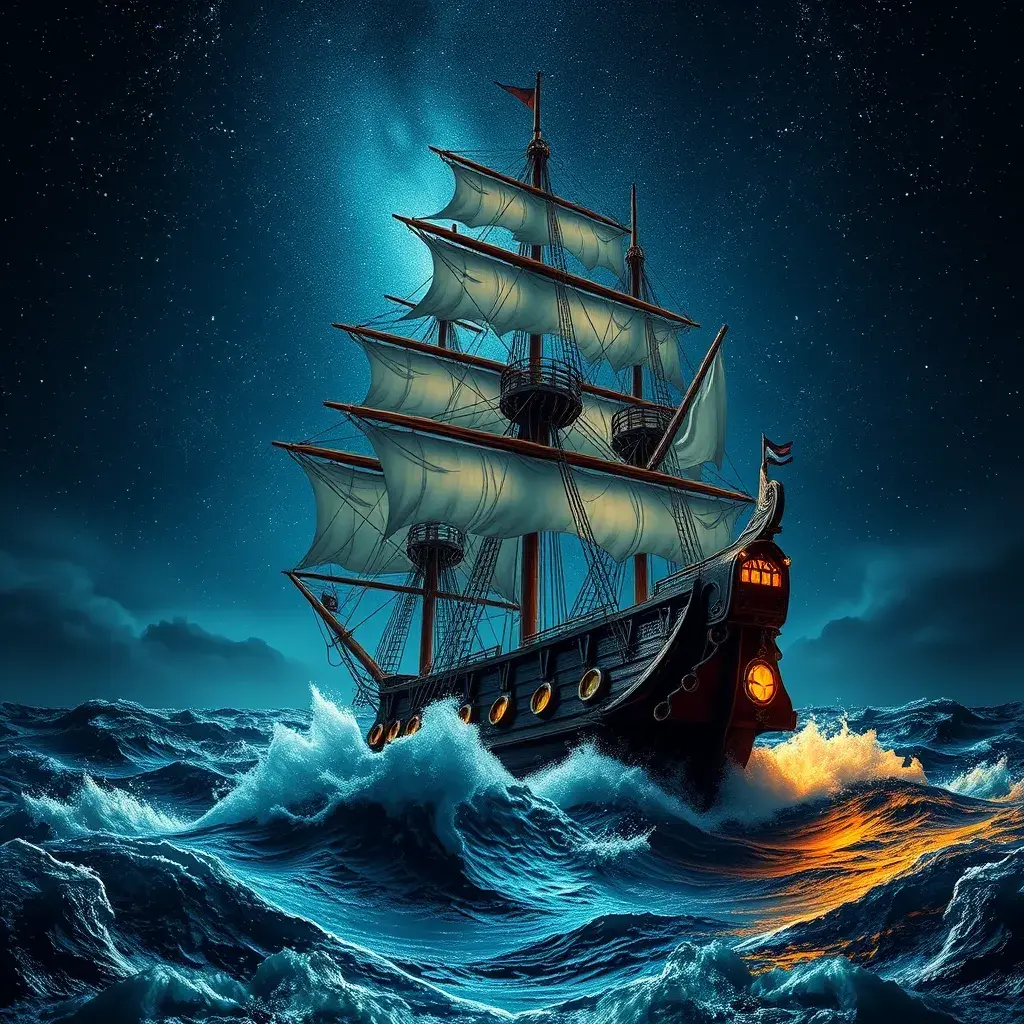 Close up of a Pirate Ship in rough seas on a dark starry night, Intricate, Ultra Detailed, Symmetry, Beautiful, Sharp Focus, Astrophotography, Centered, Volumetric Lighting by Stanley Artgerm Lau
