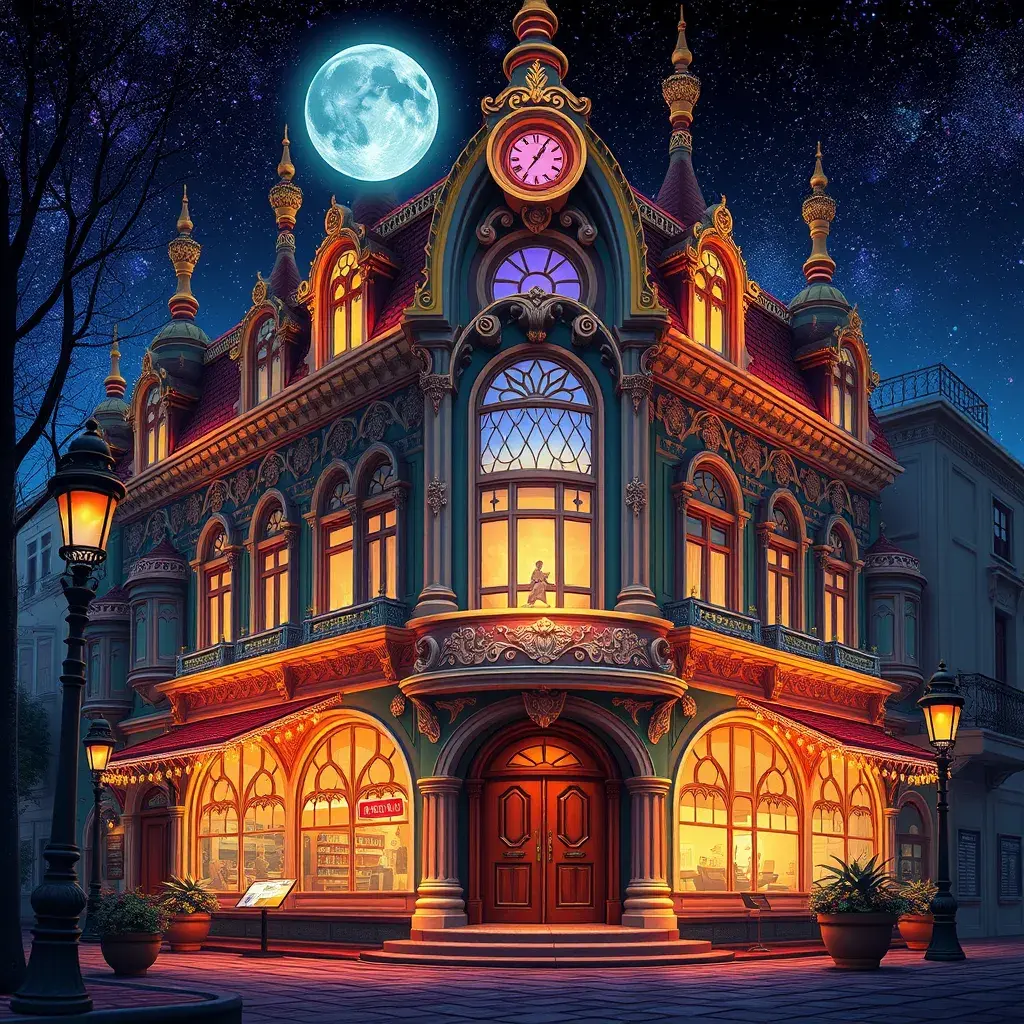 art nuveau exterior fantasy colorful building office space futuristic rococco baroques victorian, Highly Detailed, Masterpiece, Vintage Illustration, Cinematic Lighting, Photo Realistic, Digital Art by Studio Ghibli