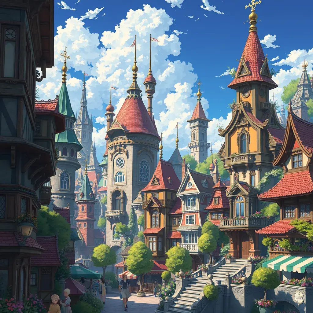 Buildings and homes of a maximalism fantasy city, Highly Detailed, Beautiful, Digital Painting, Anime, Fantasy by Studio Ghibli