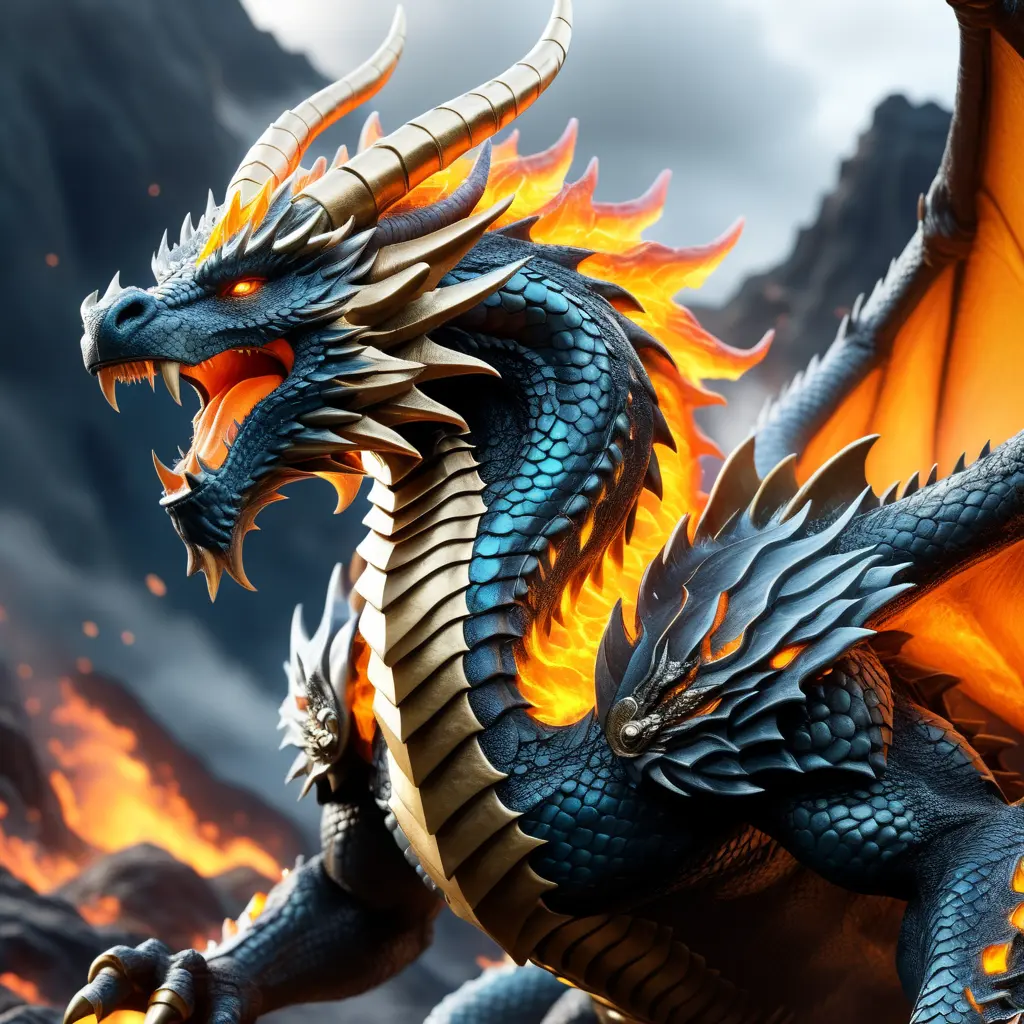 Lavabreath is an ancient war dragon with a grand demeanor and a crown of horns fusion with a god lion with molten lava patterns, Ultra Detailed, Realistic
