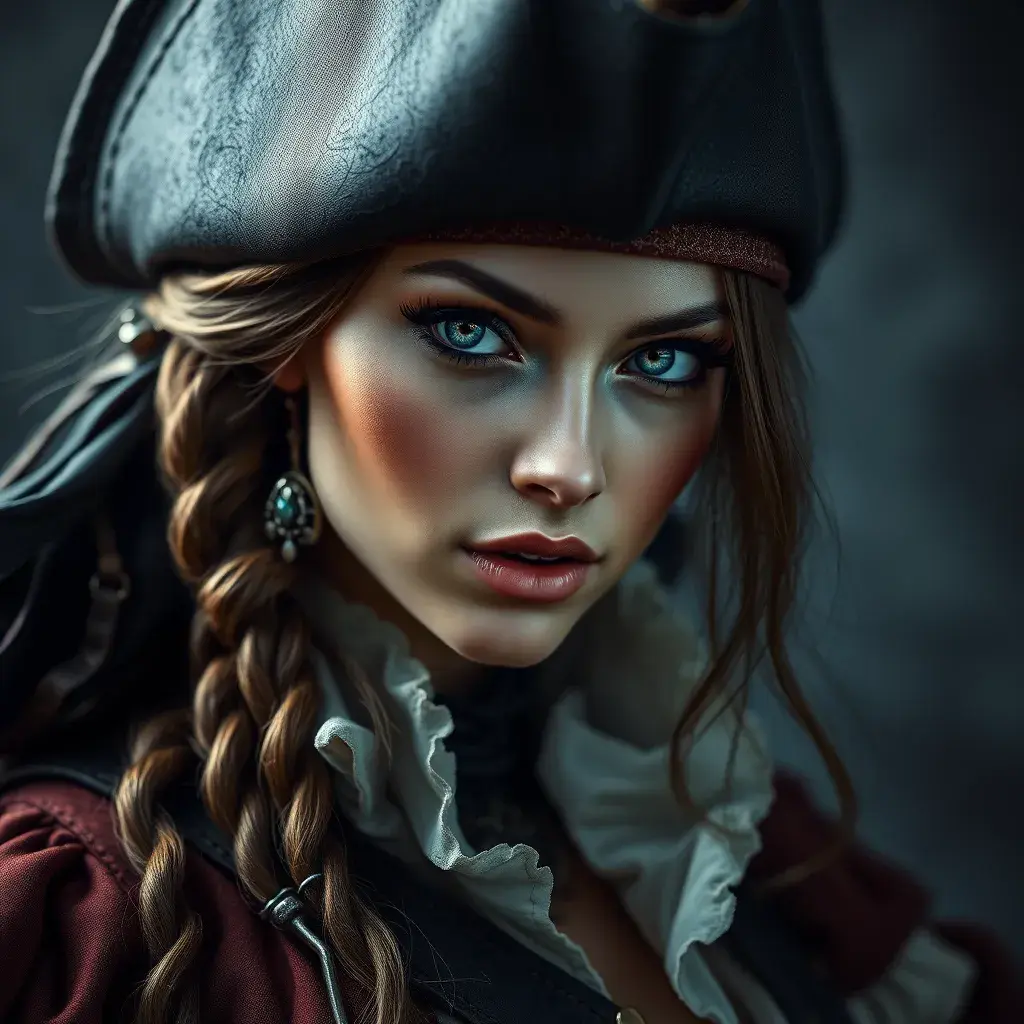 Alluring matte portrait of a beautiful female Pirate, Highly Detailed, Intricate, Half Body, Realistic, Sharp Focus, Volumetric Lighting, Fantasy, Elegant
