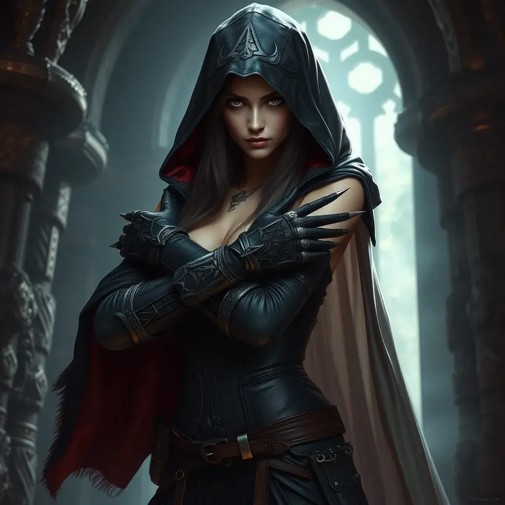 Full body matte portrait of a beautiful veiled armed female Assassin in a dungeon, Gothic and Fantasy, Volumetric Lighting, Fantasy, Threatening by Stanley Artgerm Lau