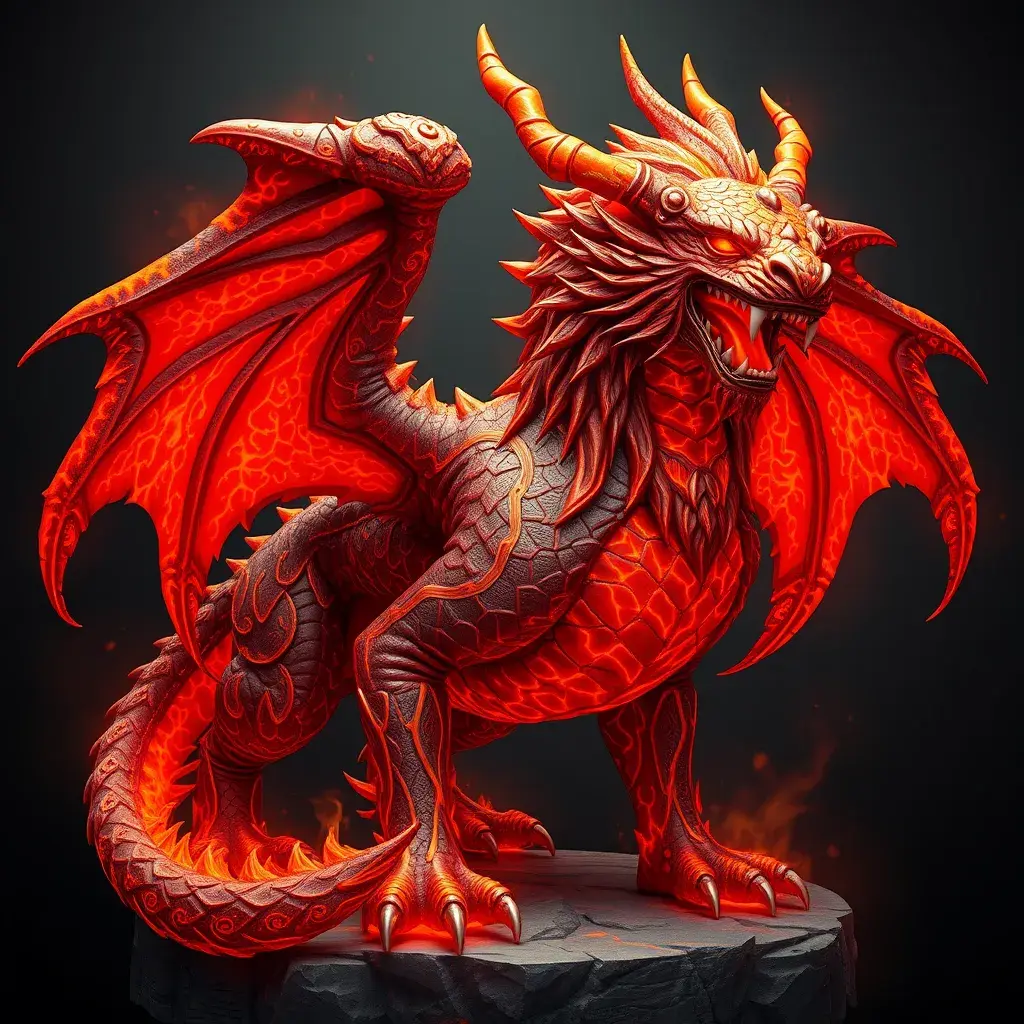 Lavabreath is an ancient war dragon with a grand demeanor and a crown of horns fusion with a god lion with molten lava patterns, Ultra Detailed, Realistic