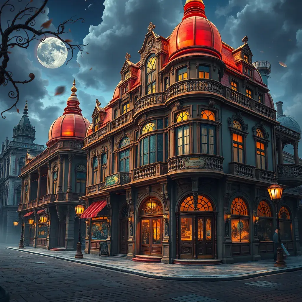 art nuveau exterior fantasy colorful building office space futuristic rococco baroques victorian, Highly Detailed, Masterpiece, Vintage Illustration, Cinematic Lighting, Photo Realistic, Digital Art by Stefan Kostic