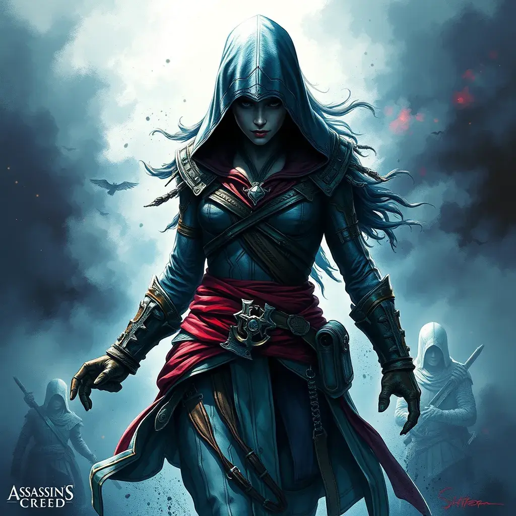 Kassandra from Assassin's Creed emerging from the fog of war, Highly Detailed, Vibrant Colors, Ink Art, Fantasy, Dark by Stanley Artgerm Lau