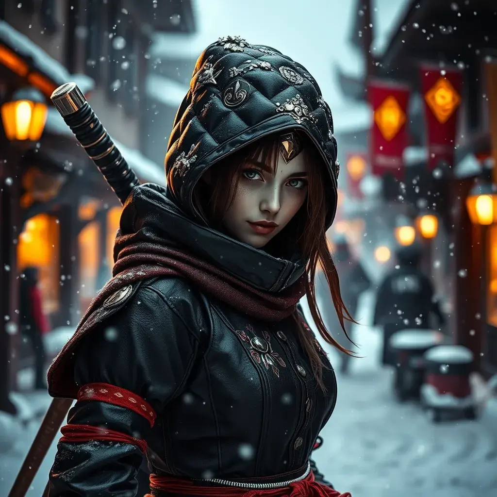 Mysterious beautiful white kunoichi ninja wearing black, red and gold in the streets of a dark snowy town in russia, Intricate Details, Bokeh effect, Photo Realistic, Volumetric Lighting by Greg Rutkowski