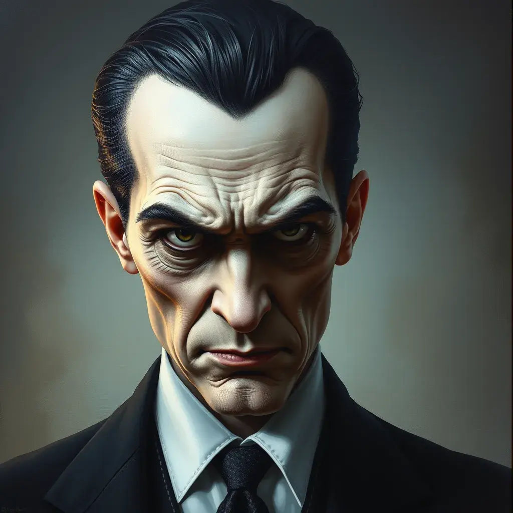 Gomez Addams, Intricate Artwork, Intricate Details, Half Body, Beautiful, Matte Painting, Sharp Focus, Portrait, Fantasy, Threatening by Stefan Kostic