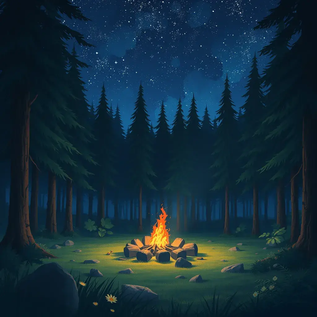 matte painting of a camp fire in the forest at night, Highly Detailed, Beautiful, Digital Painting, Anime, Fantasy by Studio Ghibli
