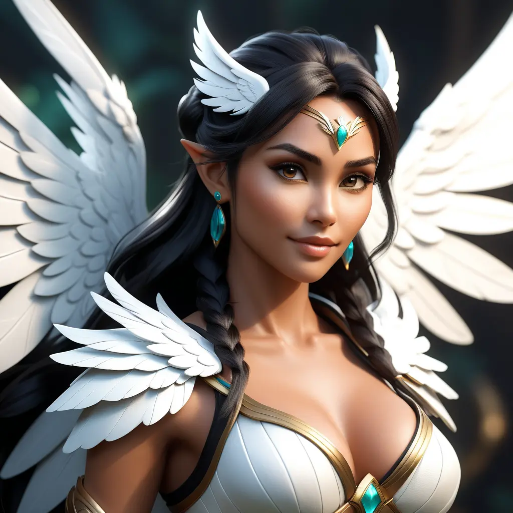 Alluring matte portrait of a beautiful Nidalee with wings, 8k, Highly Detailed, Intricate, Half Body, Realistic, Sharp Focus, Volumetric Lighting, Fantasy, Elegant by Stanley Artgerm Lau, WLOP