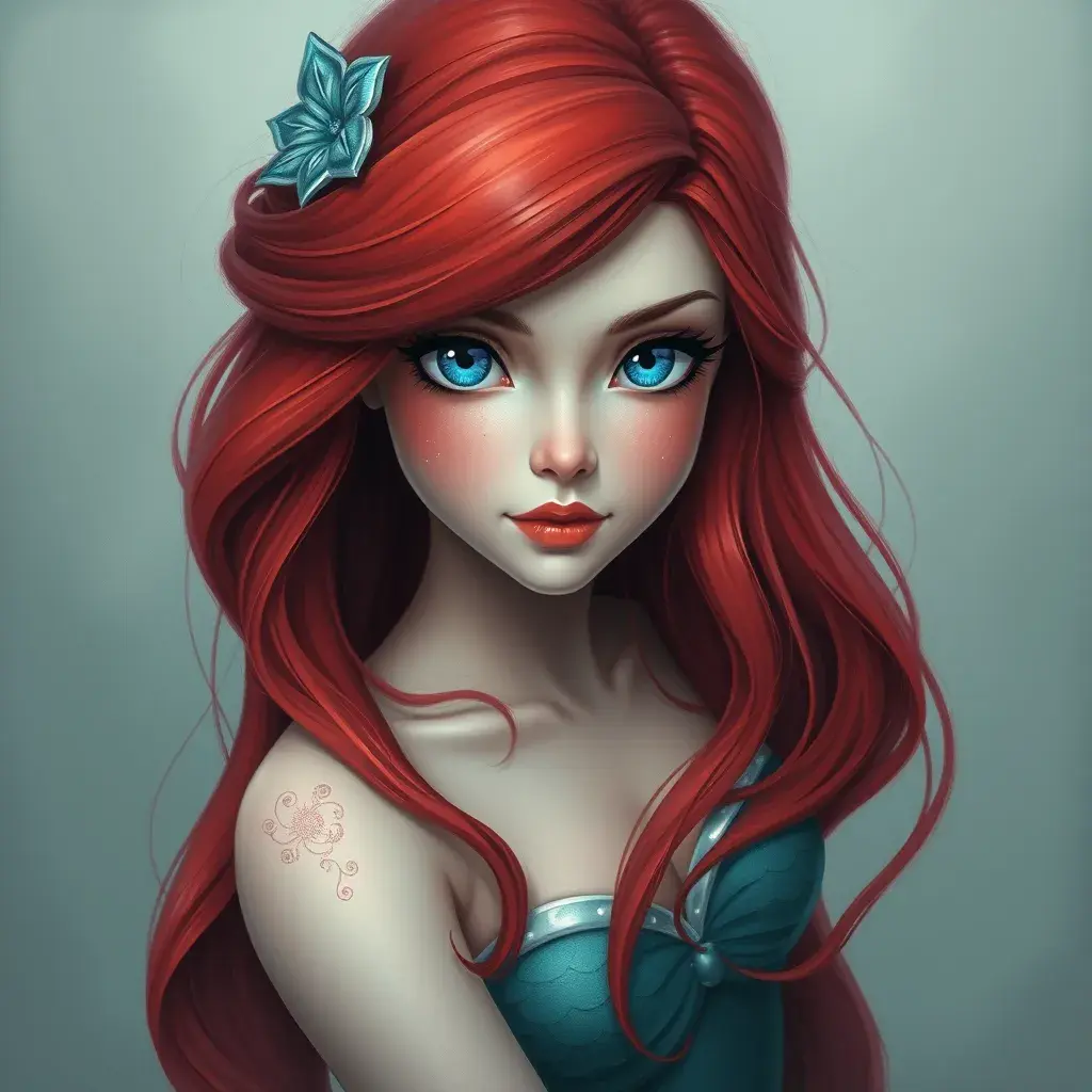 Ariel the mermaid with blue eyes, Intricate Details, Half Body, Beautiful, Matte Painting, Sharp Focus, Fantasy