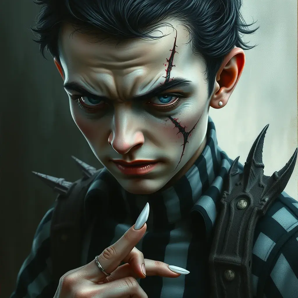 Pugsley Addams, Intricate Artwork, Intricate Details, Half Body, Beautiful, Matte Painting, Sharp Focus, Portrait, Fantasy, Threatening by Stefan Kostic