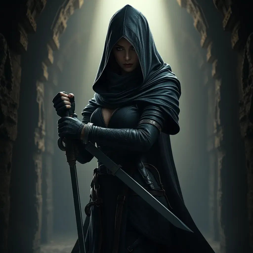 Full body matte portrait of a beautiful veiled armed female Assassin in a dungeon, Gothic and Fantasy, Volumetric Lighting, Fantasy, Threatening by Stefan Kostic