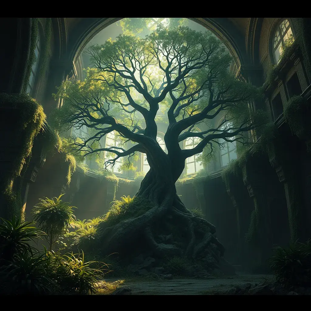 A Tree Of Life growing in the middle of overgrown ancient ruins indoors., 4k resolution, Hyper Detailed, Trending on Artstation, Volumetric Lighting, Concept Art, Digital Art, Fantasy, Dark by Greg Rutkowski