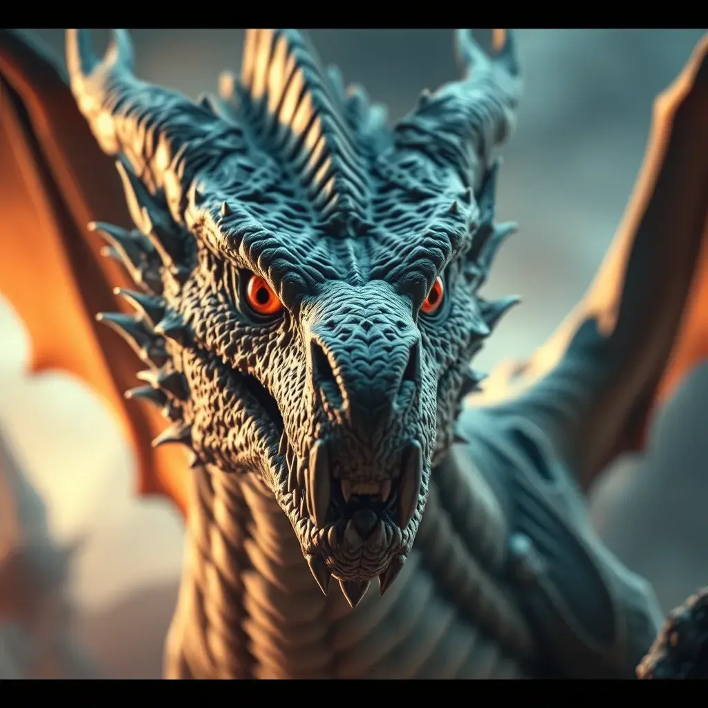 Closeup portrait of a fierce dragon in a fantasy world of dragons, Highly Detailed, Sharp Focus, Volumetric Lighting