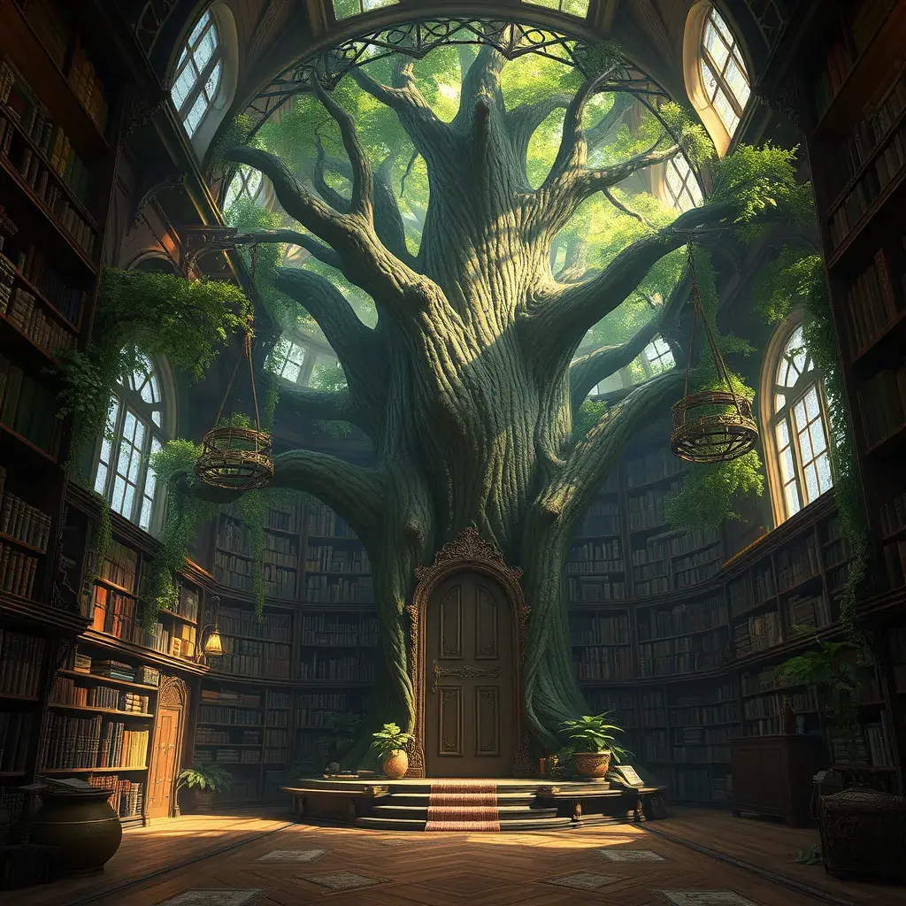 A beautiful giant tree growing in the middle of an ancient victorian library indoors. a door is embedded in the tree, 4k resolution, Hyper Detailed, Pixiv, Trending on Artstation, Vintage Illustration, Hearthstone, Unreal Engine, Volumetric Lighting, Concept Art, Digital Art, Fantasy by Stanley Artgerm Lau, Angela Barrett, WLOP