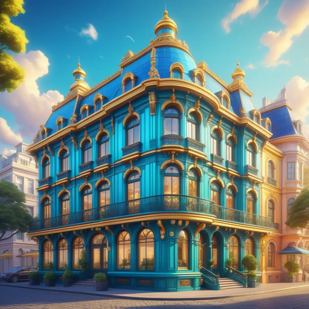 art nuveau exterior fantasy colorful building office space futuristic rococco baroques victorian, Highly Detailed, Masterpiece, Vintage Illustration, Cinematic Lighting, Photo Realistic, Sharp Focus, Smooth, Digital Art, Vector Art, Soft by Stanley Artgerm Lau