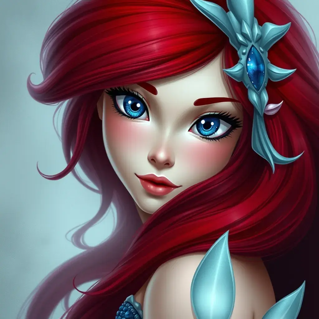 Ariel the mermaid with blue eyes, Intricate Details, Half Body, Beautiful, Matte Painting, Sharp Focus, Fantasy